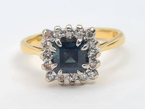 7448: Vintage: 18ct Gold Princess Cut Blue Sapphire 16 Diamonds Square Set Ring- Hallmarked London 1968