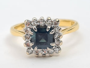 7448: Vintage: 18ct Gold Princess Cut Blue Sapphire 16 Diamonds Square Set Ring- Hallmarked London 1968