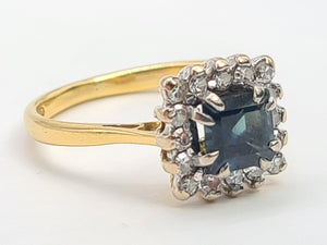 7448: Vintage: 18ct Gold Princess Cut Blue Sapphire 16 Diamonds Square Set Ring- Hallmarked London 1968