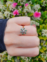 Load image into Gallery viewer, 7346:Vintage: 18ct Gold 6 Emeralds 7 Brilliant Cut Diamonds Cluster Ring- enchanting eye candy
