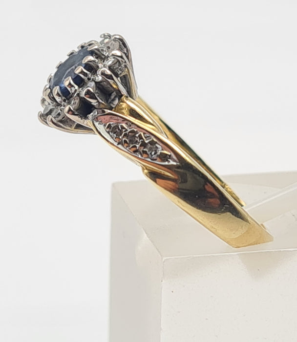 6150 Vintage: 18ct Gold French Blue Sapphire 18 Diamonds Dress Ring- fine example
