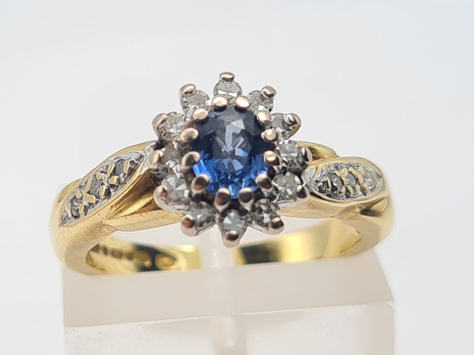 6150 Vintage: 18ct Gold French Blue Sapphire 18 Diamonds Dress Ring- fine example