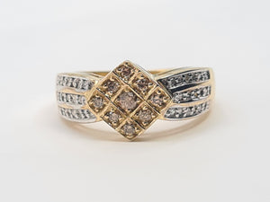 7466: Vintage: 9ct Gold Geometric Set Cinnamon Diamonds White Diamonds Cocktail Ring