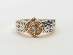 7466: Vintage: 9ct Gold Geometric Set Cinnamon Diamonds White Diamonds Cocktail Ring