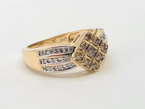 7466: Vintage: 9ct Gold Geometric Set Cinnamon Diamonds White Diamonds Cocktail Ring