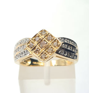 7466: Vintage: 9ct Gold Geometric Set Cinnamon Diamonds White Diamonds Cocktail Ring