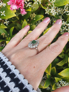 7409-Vintage: 18ct White Gold Emerald Diamonds Statement Cluster Ring- superb