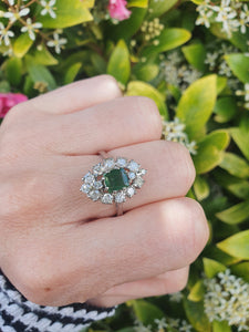 7409-Vintage: 18ct White Gold Emerald Diamonds Statement Cluster Ring- superb