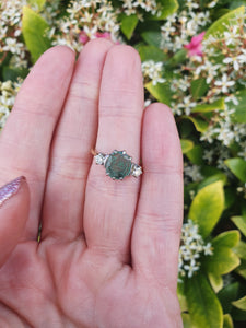 7411-Vintage; (1973) 18ct Gold Emerald Full Cut Diamonds 3 Stone Ring- very fine example-