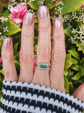 Load image into Gallery viewer, 7441- Vintage; (1982) 18ct Gold Emeralds Trilogy 12 Diamonds Dress Ring- lovely sparkling symmetry.
