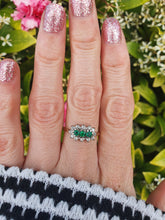 Load image into Gallery viewer, 7441- Vintage; (1982) 18ct Gold Emeralds Trilogy 12 Diamonds Dress Ring- lovely sparkling symmetry.
