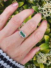 Load image into Gallery viewer, 7441- Vintage; (1982) 18ct Gold Emeralds Trilogy 12 Diamonds Dress Ring- lovely sparkling symmetry.
