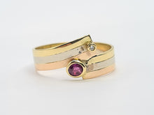 Load image into Gallery viewer, 7422- Vintage  Rare; 18ct Yellow, White, Rose Gold Ruby Diamond band- superb condition, lovely combination
