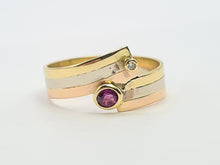 Load image into Gallery viewer, 7422- Vintage  Rare; 18ct Yellow, White, Rose Gold Ruby Diamond band- superb condition, lovely combination
