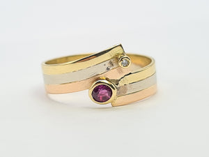 7422- Vintage  Rare; 18ct Yellow, White, Rose Gold Ruby Diamond band- superb condition, lovely combination