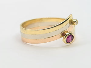 7422- Vintage  Rare; 18ct Yellow, White, Rose Gold Ruby Diamond band- superb condition, lovely combination