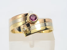 Load image into Gallery viewer, 7422- Vintage  Rare; 18ct Yellow, White, Rose Gold Ruby Diamond band- superb condition, lovely combination
