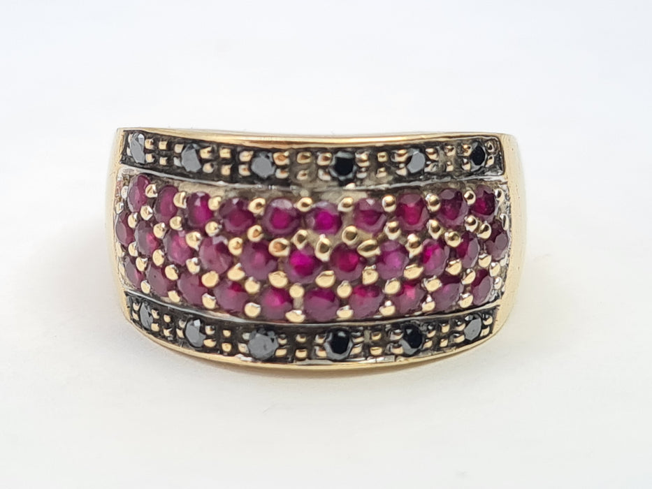 6088 Vintage: 9ct Gold  Black Diamonds  Red Rubies Cocktail Ring