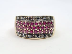 7480: Vintage: 9ct Gold 12 Black Diamonds 31 rich Red Rubies Cocktail Ring- exquisite, statement ring, d