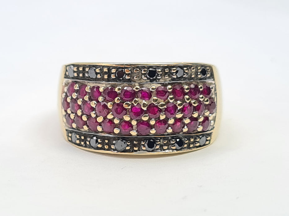 6088 Vintage: 9ct Gold  Black Diamonds  Red Rubies Cocktail Ring