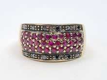 Load image into Gallery viewer, 7480: Vintage: 9ct Gold 12 Black Diamonds 31 rich Red Rubies Cocktail Ring- exquisite, statement ring, d
