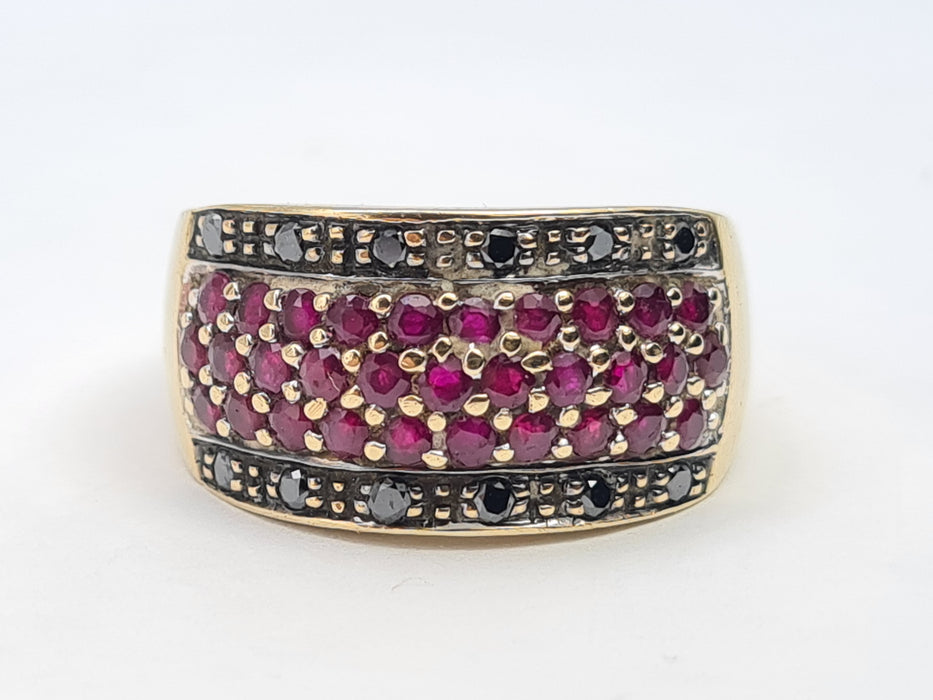 6088 Vintage: 9ct Gold  Black Diamonds  Red Rubies Cocktail Ring