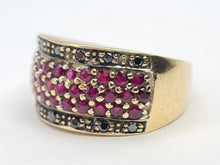 Load image into Gallery viewer, 7480: Vintage: 9ct Gold 12 Black Diamonds 31 rich Red Rubies Cocktail Ring- exquisite, statement ring, d
