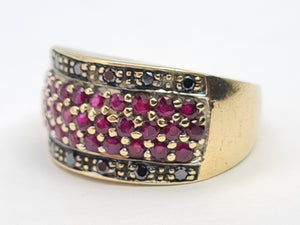 7480: Vintage: 9ct Gold 12 Black Diamonds 31 rich Red Rubies Cocktail Ring- exquisite, statement ring, d