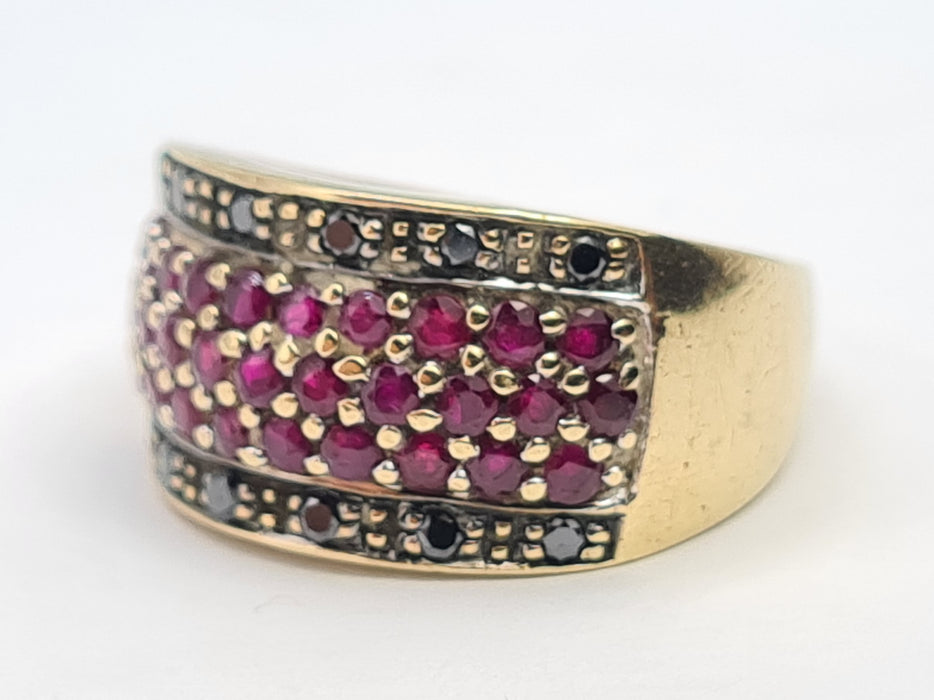 6088 Vintage: 9ct Gold  Black Diamonds  Red Rubies Cocktail Ring