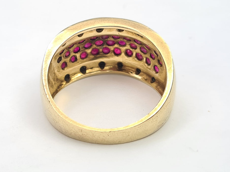 6088 Vintage: 9ct Gold  Black Diamonds  Red Rubies Cocktail Ring