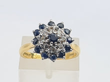 Load image into Gallery viewer, 7482: Vintage (1973) Blue Sapphires 8 Diamonds Cluster Ring- Sparkling symmetry at 51 years old
