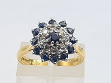 Load image into Gallery viewer, 7482: Vintage (1973) Blue Sapphires 8 Diamonds Cluster Ring- Sparkling symmetry at 51 years old
