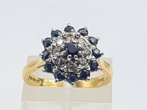 7482: Vintage (1973) Blue Sapphires 8 Diamonds Cluster Ring- Sparkling symmetry at 51 years old