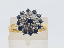 Load image into Gallery viewer, 7482: Vintage (1973) Blue Sapphires 8 Diamonds Cluster Ring- Sparkling symmetry at 51 years old
