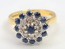 Load image into Gallery viewer, 7482: Vintage (1973) Blue Sapphires 8 Diamonds Cluster Ring- Sparkling symmetry at 51 years old
