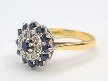 Load image into Gallery viewer, 7482: Vintage (1973) Blue Sapphires 8 Diamonds Cluster Ring- Sparkling symmetry at 51 years old
