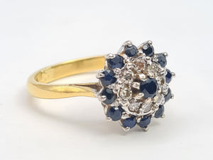 7482: Vintage (1973) Blue Sapphires 8 Diamonds Cluster Ring- Sparkling symmetry at 51 years old