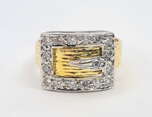 7483: Vintage: (London) 1974- 18ct Gold 17 Round Cut Diamonds Buckle Ring- 50 years old- heavy,