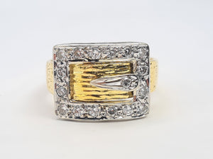 7483: Vintage: (London) 1974- 18ct Gold 17 Round Cut Diamonds Buckle Ring- 50 years old- heavy,