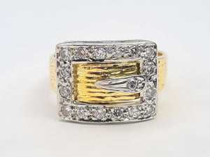 7483: Vintage: (London) 1974- 18ct Gold 17 Round Cut Diamonds Buckle Ring- 50 years old- heavy,