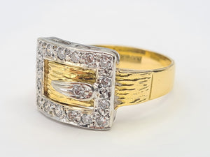 7483: Vintage: (London) 1974- 18ct Gold 17 Round Cut Diamonds Buckle Ring- 50 years old- heavy,