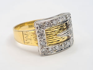 7483: Vintage: (London) 1974- 18ct Gold 17 Round Cut Diamonds Buckle Ring- 50 years old- heavy,