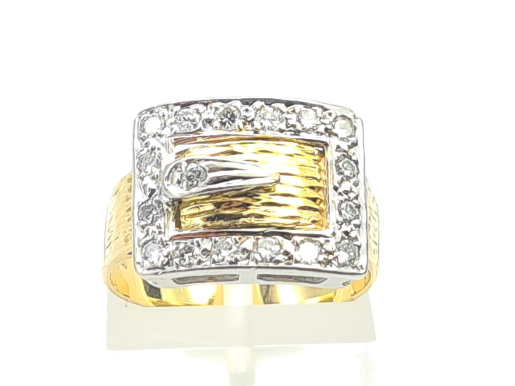 7483: Vintage: (London) 1974- 18ct Gold 17 Round Cut Diamonds Buckle Ring- 50 years old- heavy,