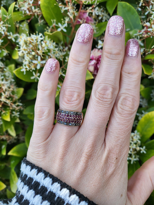 6088 Vintage: 9ct Gold  Black Diamonds  Red Rubies Cocktail Ring