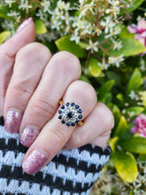 Load image into Gallery viewer, 7482: Vintage (1973) Blue Sapphires 8 Diamonds Cluster Ring- Sparkling symmetry at 51 years old
