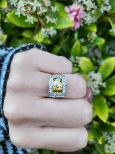 7483: Vintage: (London) 1974- 18ct Gold 17 Round Cut Diamonds Buckle Ring- 50 years old- heavy,