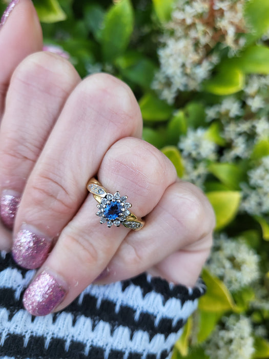 6150 Vintage: 18ct Gold French Blue Sapphire 18 Diamonds Dress Ring- fine example