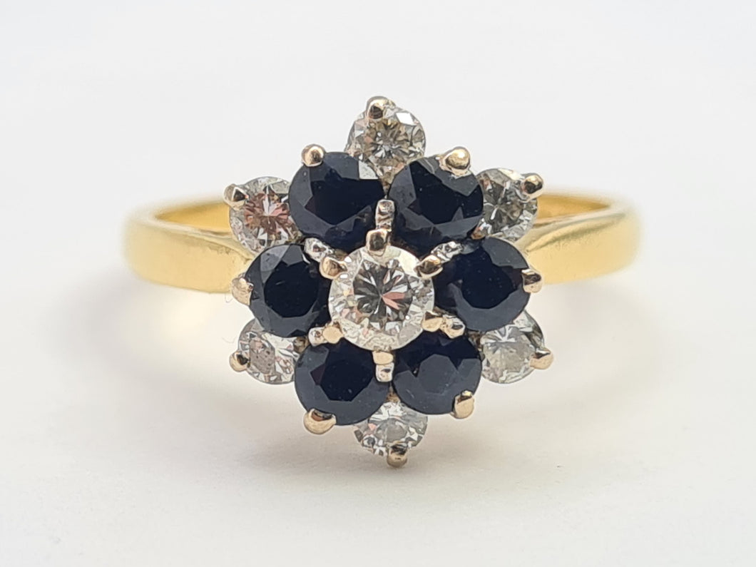 7498: Vintage: 18ct Gold 7 Sapphires 6 Diamonds (0.6ct) Diamonds Flower Head Ring- from 1978- 46 years old