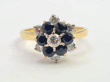 Load image into Gallery viewer, 7498: Vintage: 18ct Gold 7 Sapphires 6 Diamonds (0.6ct) Diamonds Flower Head Ring- from 1978- 46 years old
