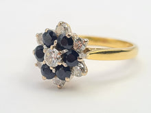 Load image into Gallery viewer, 7498: Vintage: 18ct Gold 7 Sapphires 6 Diamonds (0.6ct) Diamonds Flower Head Ring- from 1978- 46 years old
